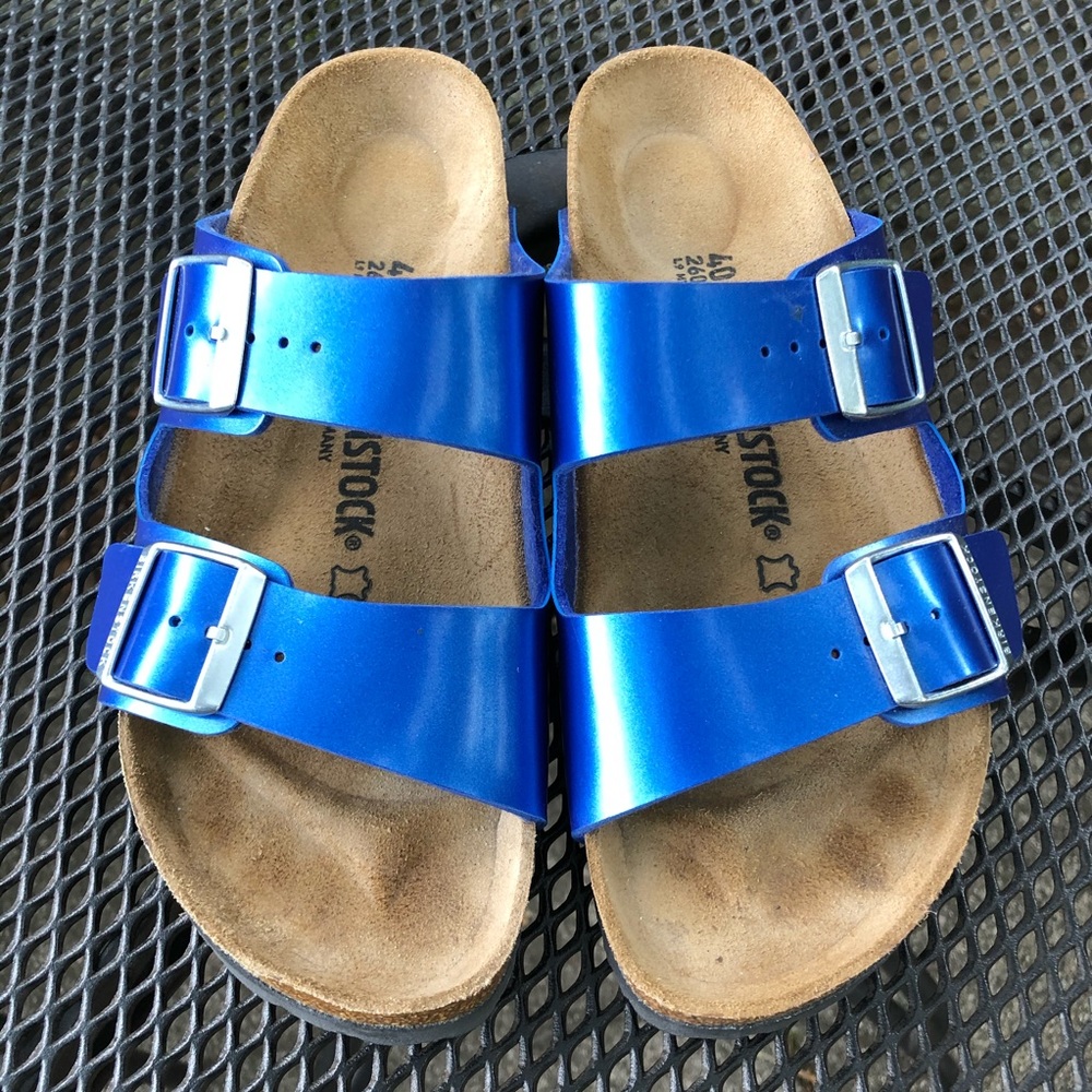 Birkenstock Metallic Blue Arizona, Size 40 Narrow
